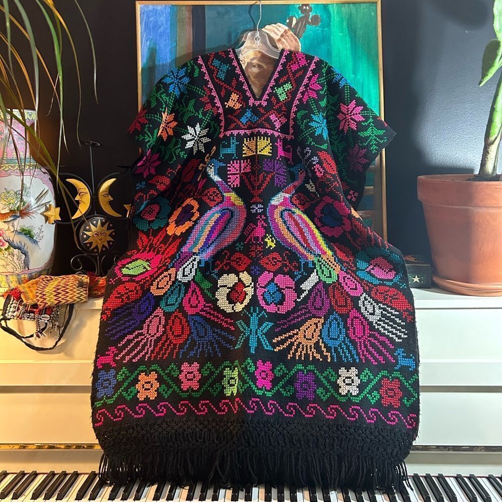 Vintage 70s Mexican Huipil Tunic Poncho Embroidered Peacock Birds
